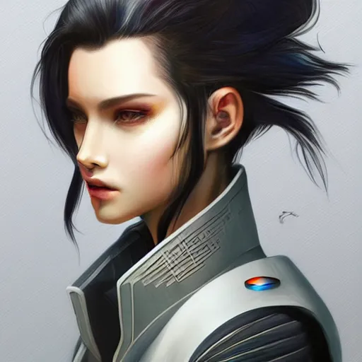 Prompt: portrait of a beautiful dark - haired androgynous cyberpunk space ranger, soft lightning, high detailed, intricate, elegant, smooth, sharp focus, artstation, art by lane brown and sora kim,