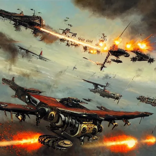 Image similar to huge steampunk aircraft in battle, sky, explosions, jakub rozalski