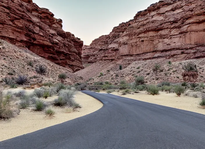 Prompt: in the dead of night, strange canyon road, strange look in your eyes, you shut them as we fly, as we fly, desert modernism aesthetic