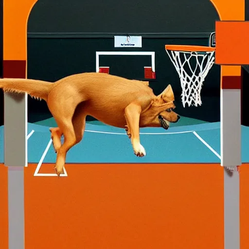 Prompt: An dramatic, iconic , awardwinning photorealistic photograph of an dog doing a slam dunk in the basketball court in the afternoon, detailed,