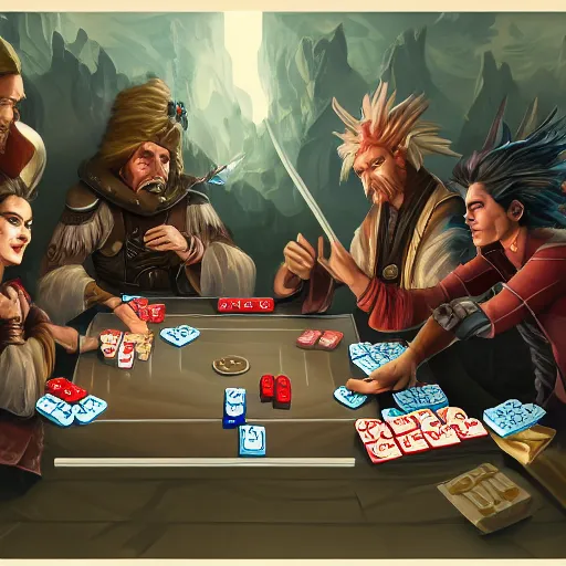 Prompt: dnd party playing mahjong while smoking cigarettes, concept art, artstation, hyperdetailed