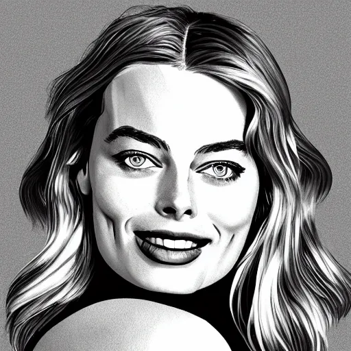 Image similar to An illustration of margot robbie in the style of andre ducci