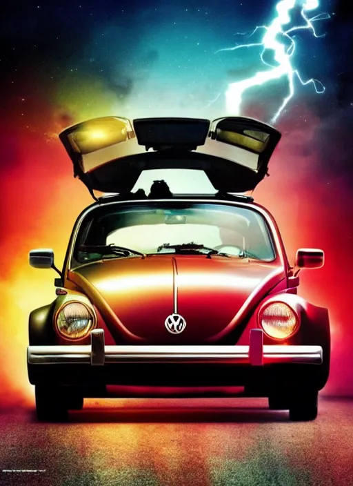 Image similar to back to the future with a volkswagen beetle, movie poster, epic lighting, eighties, sci - fi, artistic