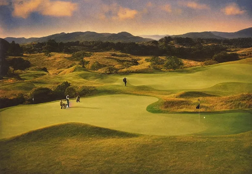 Prompt: birds eye view of a perfect elysian dreamlike green hilly pastoral psychedelic golf course landscape under stars consisting of memory trapped in eternal time, golden hour, dark sky, evening starlight, stone walls, haunted psychedelic Polaroid by Hiroshi Yoshida