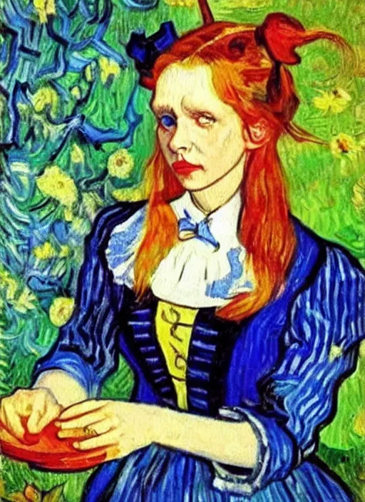 Prompt: lifelike oil painting portrait of alice in wonderland by van gogh