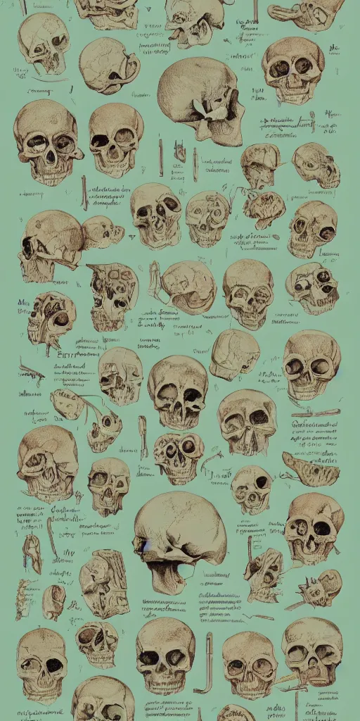 Image similar to anatomy of a skulls, diagrams, map, marginalia, sketchbook, old script, inhabited initials, pastel infographic by Wes Anderson and victo ngai