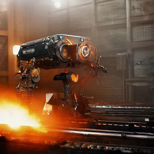 Image similar to head of toaster oven mecha, dark messy smoke - filled cluttered workshop, dark, dramatic lighting, orange tint, cinematic, highly detailed, sci - fi, futuristic, movie still