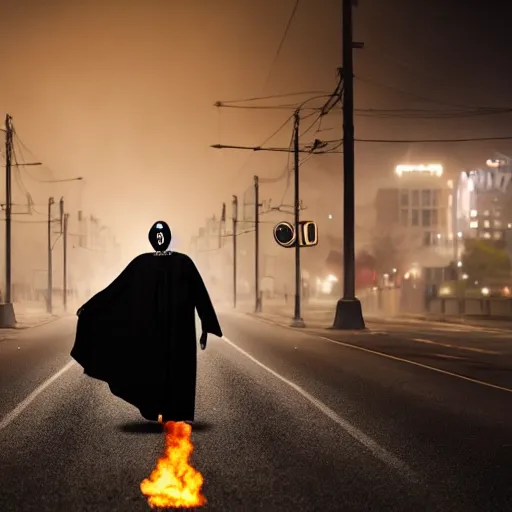 Prompt: A menacing figure with black smoke for a face and draped in black robes stands in the middle of a road as the city burns, horror, photograph, highly detailed, high evolution, legendary, smooth, sharp focus, dynamic lighting, 4k