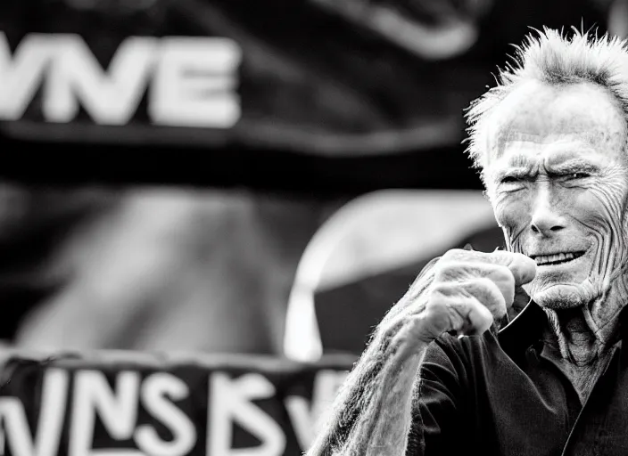 Image similar to photo still of clint eastwood on stage at vans warped tour!!!!!!!! at age 6 8 years old 6 8 years of age!!!!!!!! playing a piano on fire, 8 k, 8 5 mm f 1. 8, studio lighting, rim light, right side key light