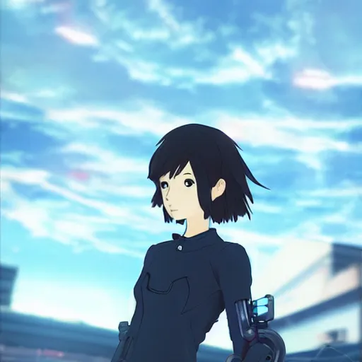 Image similar to makoto shinkai. robotic android girl. cyberpunk.