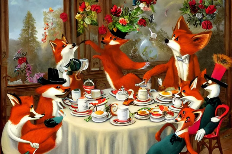 Image similar to anthropomorphic foxes wearing monocles and top hats at a tea party, style of kitsch art painting