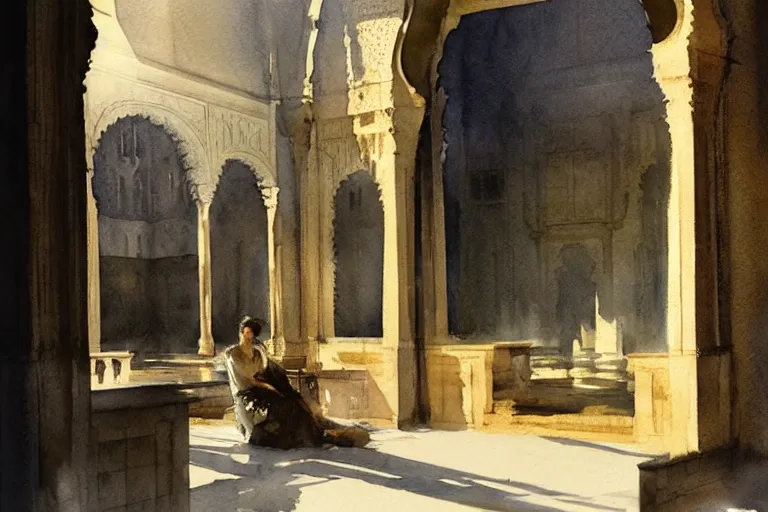 Prompt: abstract watercolor painting of alhambra interior, white stone, magical and traditional, cinematic light, sharp shadows, daylight, national romanticism by anders zorn, by greg rutkowski, by greg manchess