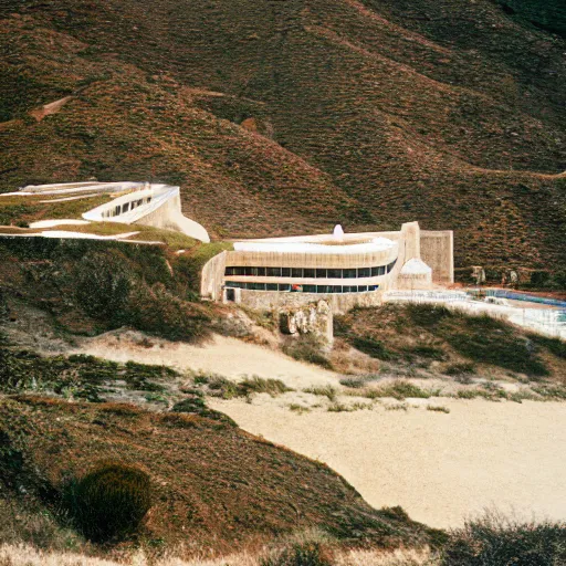 Prompt: castle designed by renzo piano overlooking big sur. landscape design by andre le notre. fujinon premista 1 9 - 4 5 mm t 2. 9. portra 8 0 0. w 1 0 8 8