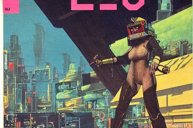 Image similar to 1979 OMNI Magazine Cover of vervet monkey in Mongolian armor. window showing neo-Tokyo streets behind her. in cyberpunk style by Vincent Di Fate