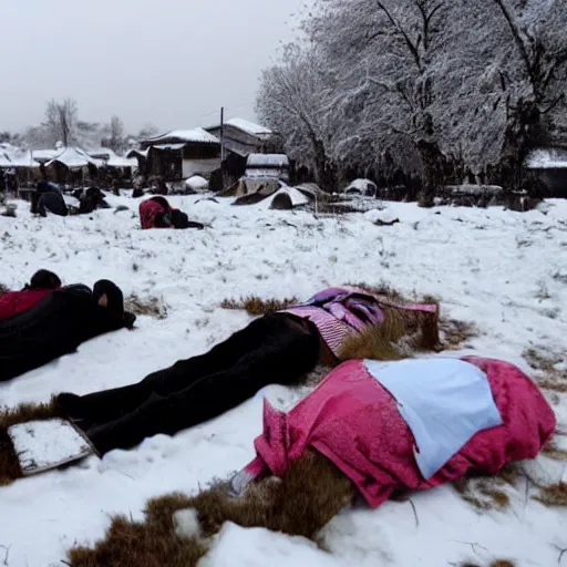 Image similar to Several bodies of dead villagers in the middle of a village in the snow