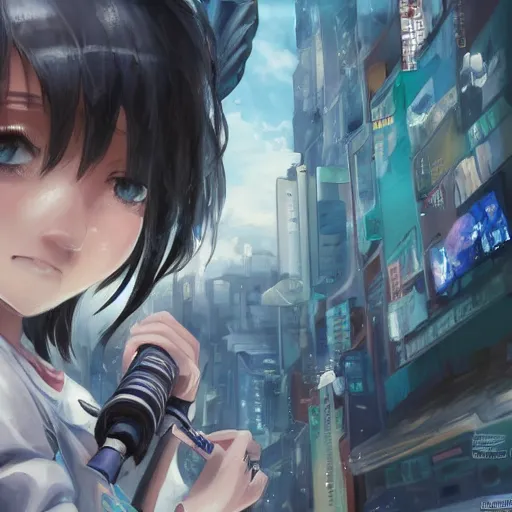 Image similar to dynamic composition, motion, ultra-detailed, incredibly detailed, a lot of details, amazing fine details and brush strokes, colorful and grayish palette, smooth, HD semirealistic anime CG concept art digital painting, watercolor oil painting of Clean and detailed post-cyberpunk sci-fi close-up schoolgirl in asian city in style of cytus and deemo, blue flame, relaxing, calm and mysterious vibes,, by a Chinese artist at ArtStation, by Huang Guangjian, Fenghua Zhong, Ruan Jia, Xin Jin and Wei Chang. Realistic artwork of a Chinese videogame, gradients, gentle an harmonic grayish colors. set in half-life 2, Matrix, GITS, Blade Runner, Neotokyo Source, Syndicate(2012), dynamic composition, beautiful with eerie vibes, very inspirational, very stylish, with gradients, surrealistic, dystopia, postapocalyptic vibes, depth of field, mist, rich cinematic atmosphere, perfect digital art, mystical journey in strange world