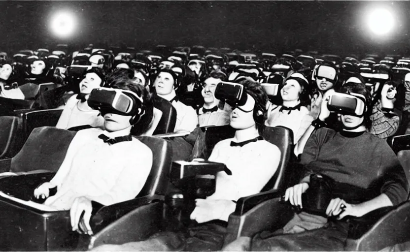 Image similar to 1 9 0 0 s photo of people wearing virtual reality headsets vr in a movie theater masterpiece