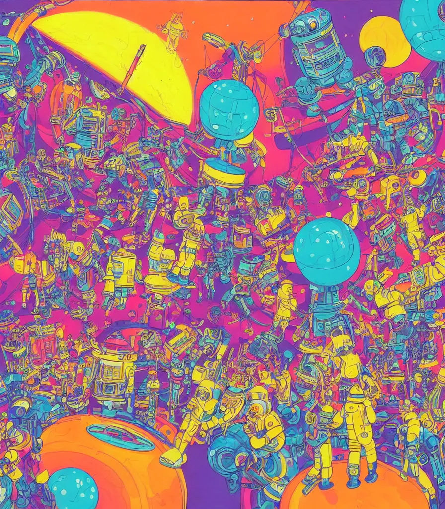 Image similar to a brightly colored drawing of some scientists throwing a party after a heureka moment, 8 0 s art deco international space station, robots, led screens, droids, a detailed painting by lisa frank, james jean, kilian eng, moebius, featured on deviantart, psychedelic art, psychedelic, whimsical, vivid colors