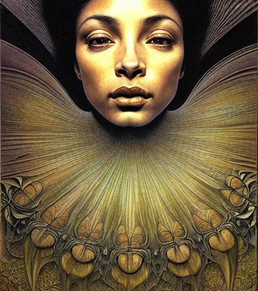 Image similar to detailed realistic beautiful young sade adu face portrait by jean delville, gustave dore and marco mazzoni, art nouveau, symbolist, visionary, gothic, pre - raphaelite. horizontal symmetry by zdzisław beksinski, iris van herpen, raymond swanland and alphonse mucha. highly detailed, hyper - real, beautiful