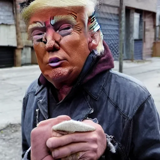 Image similar to donald trump dressed as a homeless man living in the slums