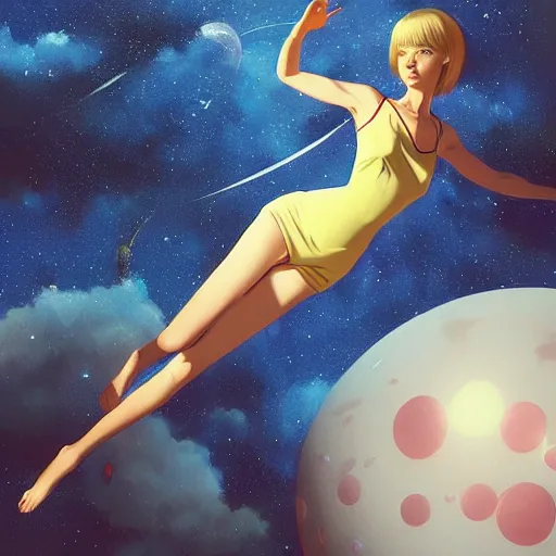Image similar to ilya kuvshinov art of a woman floating in space