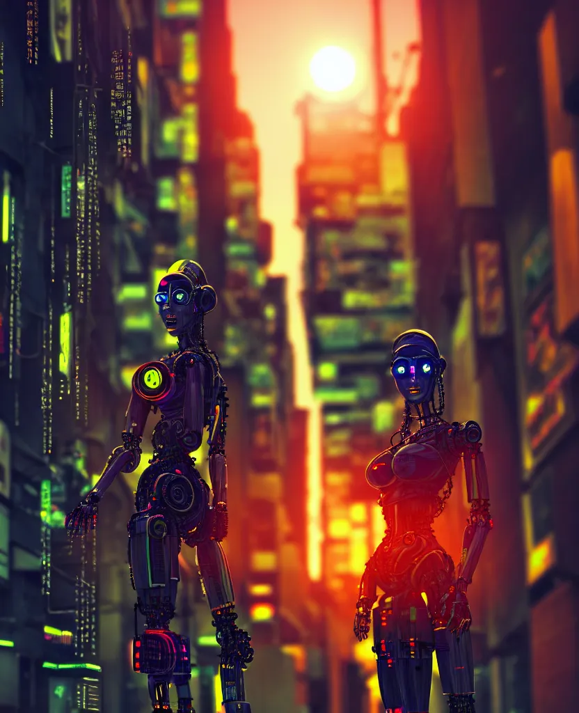 Image similar to a photo close up cyberpunk half robot half girl stands in a cyberpunk hiroshima, prefecture streets, sunset, photorealistic, cinematic lighting, very detailed, style by tomino - sama