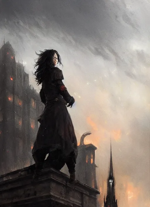 Image similar to a teenage girl with very short dark hair and a tattered grey cloak. she stands on top of a building in a gothic fantasy city. the sky has a red glow and ash is falling. beautiful painting by greg rutkowski