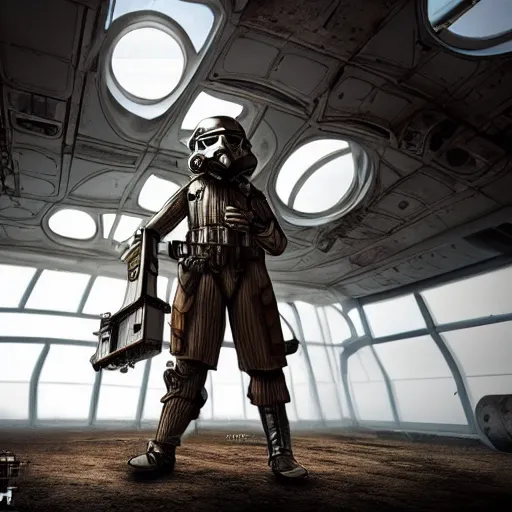 Image similar to Steampunk stormtrooper standing on a derelict spaceship, high detail, 8k,