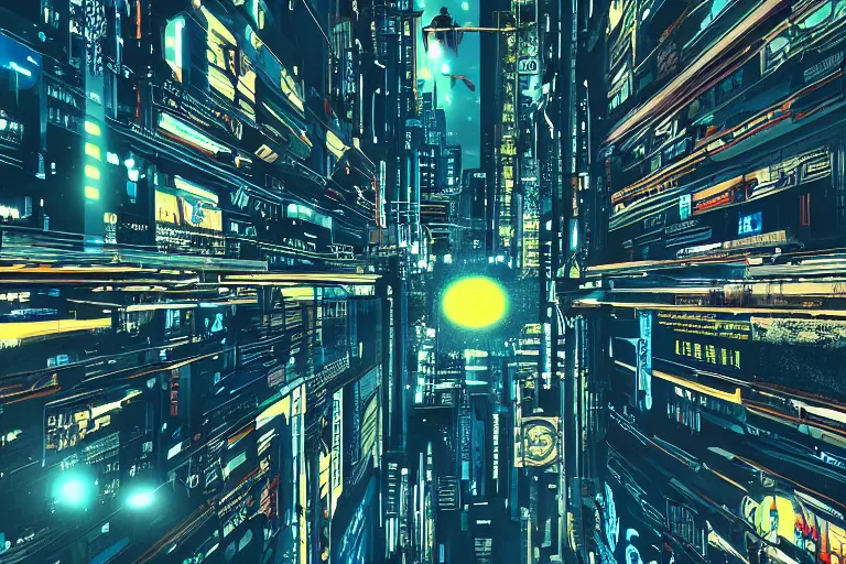 Image similar to cyberpunk buildings with a flight vehicle glowing in the sky, neon sign, bottom view, wide shot, bladerunner, pixiv