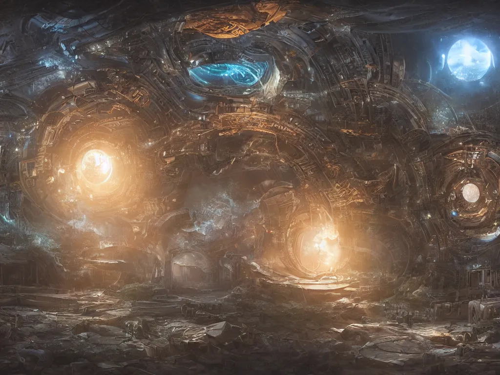 Image similar to an intricate matte painting of an epic battle between nature and technology at the center is a circular glowing biomechanical portal made of mechanical and electrical parts