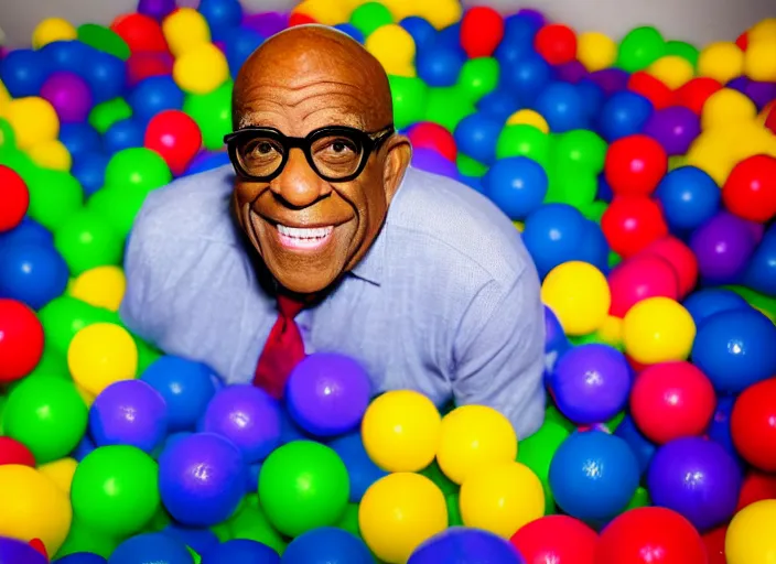 Image similar to photo still of al roker in a ball pit!!!!!!!! at age 4 6 years old 4 6 years of age!!!!!!!! hiding from parents, 8 k, 8 5 mm f 1. 8, studio lighting, rim light, right side key light