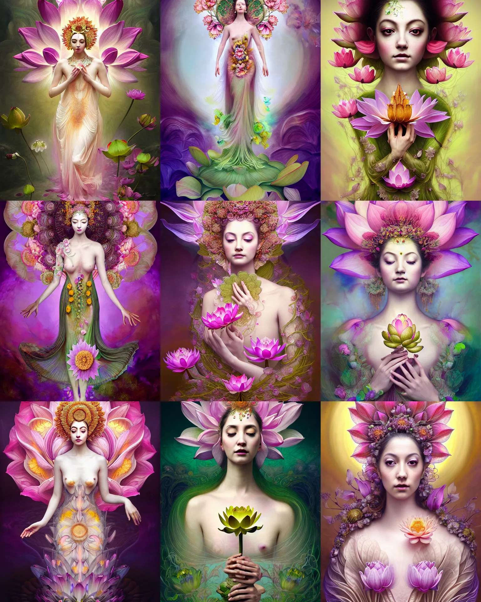 Prompt: Full View realistic Portrait ethereal lotus flower deity wearing beautiful dress, lotus flower Dryad beautiful dress made of lotus flowers, 4k digital masterpiece by Anna Dittman and Alberto Seveso, fantasycore, Hyperdetailed, realistic oil on linen, soft lighting, Iconography background, featured on Artstation