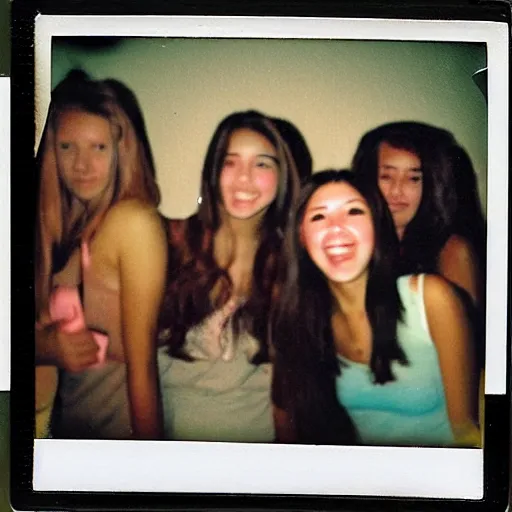 Image similar to faded polaroid photo of beautiful sorority girls at a wild college party, selfie polaroid