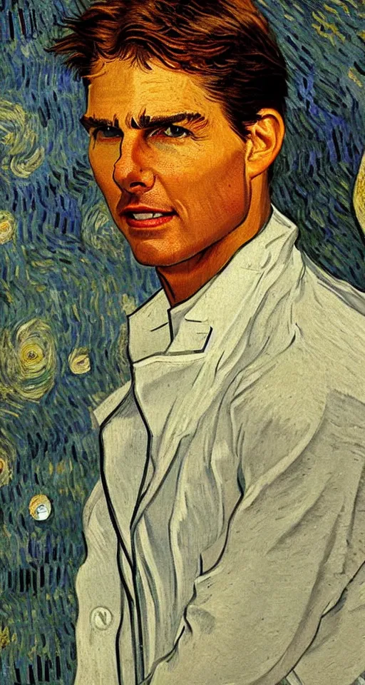 Image similar to Tom Cruise in white lab coat by Van Gogh