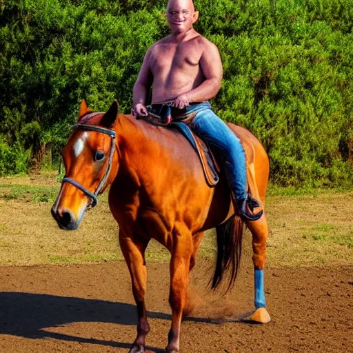 Prompt: a strange being riding a horse, they have green skin and no nose, they're bald, big eyes, very muscular, portrait photography, golden hour,