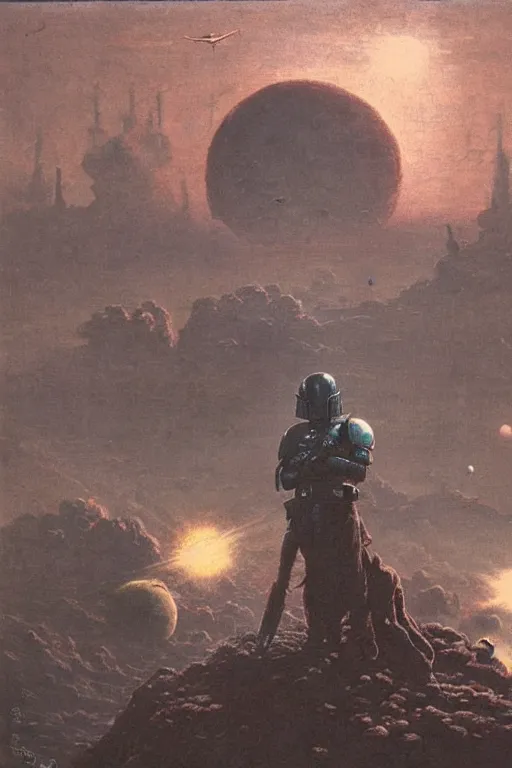 Image similar to mandalorian by beksinski on background with destroyed planets and atomic bomb explosion, backlight