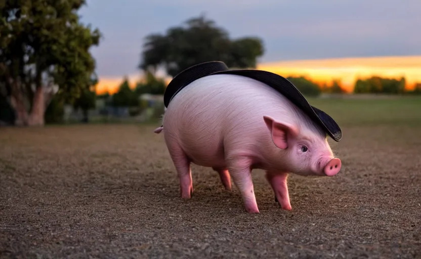 Image similar to a cute pig wearing a straw hat at blue hour, twilight, cool, award winning 4 k photo, twilight cool light