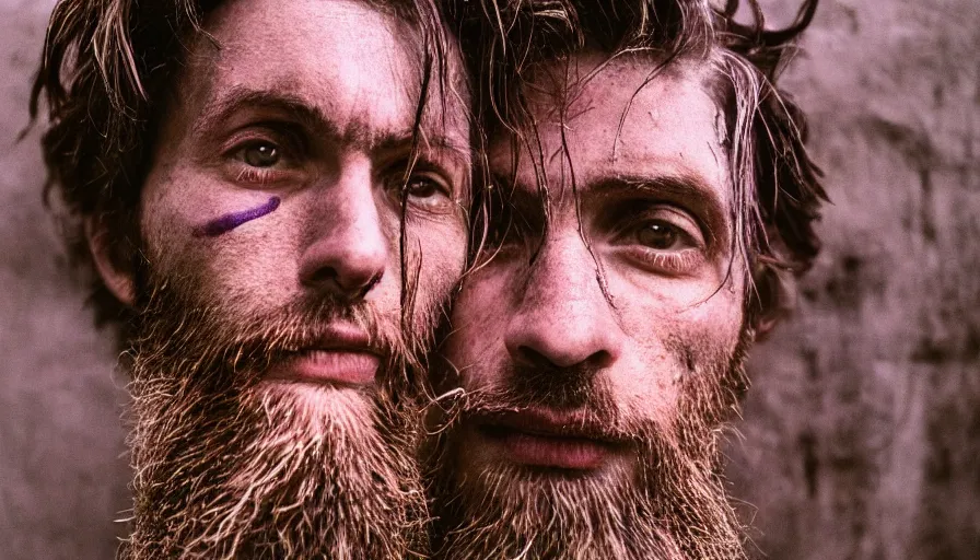 Image similar to far view, extremely skinny malnourished purple thanos with long beard, wearing dirty overalls, dirty greasy face, grin, portrait, close up, kodak gold 2 0 0, 5 0 mm,