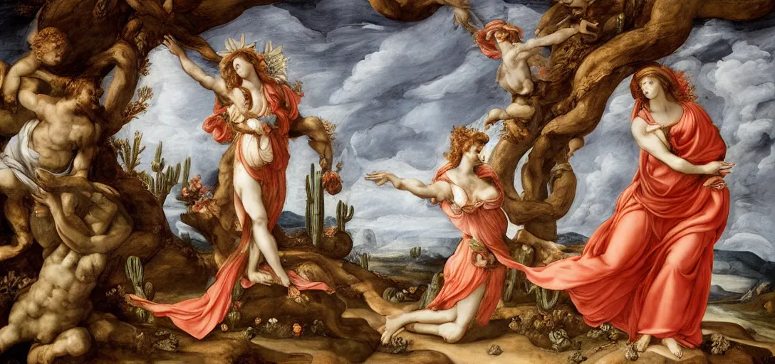 Prompt: realistic michael angelo painting of glowing elegant ornamented virgin saint sally hawkins face dressed rococo standing over a roman gold-made pedestal in a barren land with cactus. stormy weather. apocalypsis. skleletons roses and serpents on the floor