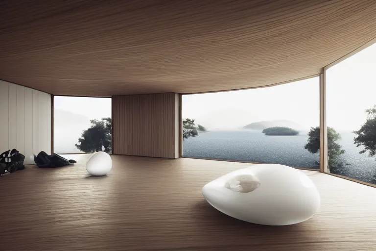 Image similar to a life building formed by the intersection and combination of many white spheres and egg shaped spaces ， by pierre bernard, on the calm lake, people's perspective, future, interior wood, dusk, unreal engine highly rendered, global illumination, radial light, internal environment