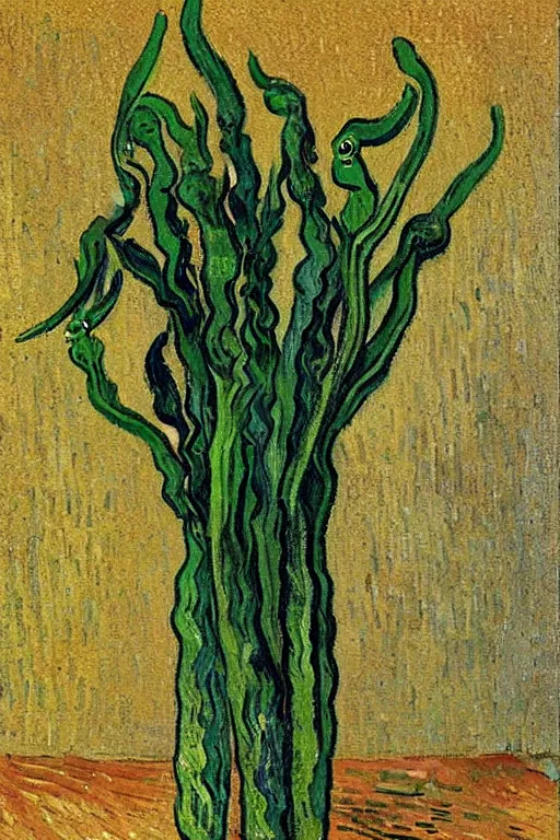 Image similar to Fiddleheads, painted by Vincent Van Gogh (1890), oil on canvas, detailed brushstrokes