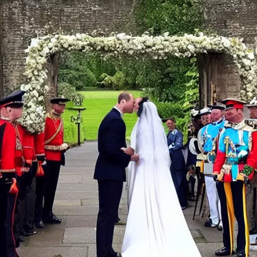 Prompt: photos of the duke of cambridge prince william marrying gary busey, happy couple, human faces, official photos, wedding photo, royal wedding, photos trending on twitter, trending photo on instagram