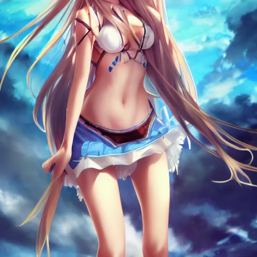 Image similar to a very beautiful yuuki asuna, full body, long wavy blond hair, sky blue eyes, full round face, bikini, miniskirt, front view, mid - shot, cute pose, highly detailed, cinematic wallpaper by stanley artgerm lau