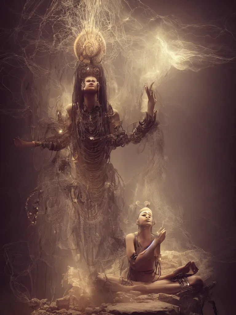 Image similar to an ancient mystical alluring female shaman generating flowing energy and surrounded by wisps of incense smoke sits meditating in a magical cybernetic robot temple, face, by vitaly bulgarov and roberto ferri, 3 d, cinema 4 d render, trending on artstation