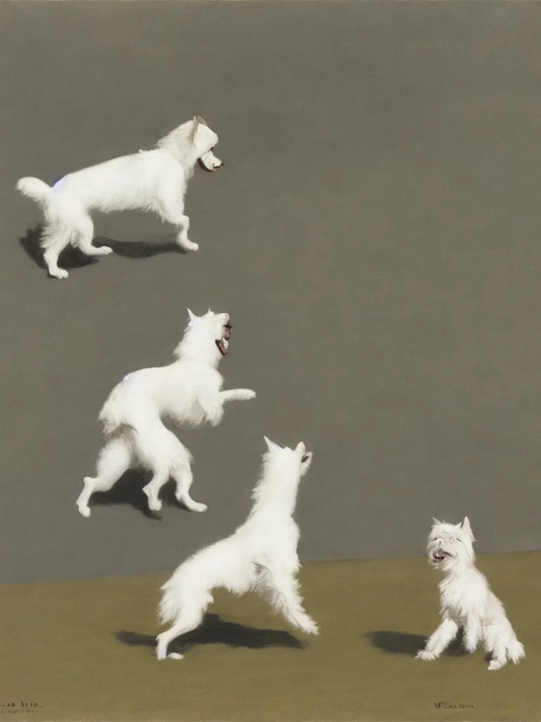 Image similar to a single gray german spitz fights a single white west highland terrier, by edward hopper