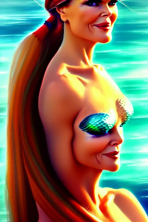 Image similar to portrait of a mix of beautiful young maria shriver, mariel hemmingway, brooke shields, nicole kidman and elle macpherson as a mermaid, thin lips, hair tied up in a pony tail, colorful artstation, cgsociety