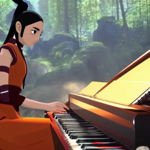 Image similar to Avatar the last airbender playing the piano, UHD, hyperrealistic render, 4k, highly detailed