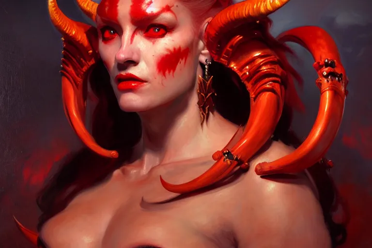 Image similar to painted close - up portrait of a very attractive red - skinned intimidating demon alien queen with ram horns! oil painting, wearing a noblewoman's outfit, fantasy art by john singer sargent and gaston bussiere and james jean and greg rutkowski, demon noble character design, hd