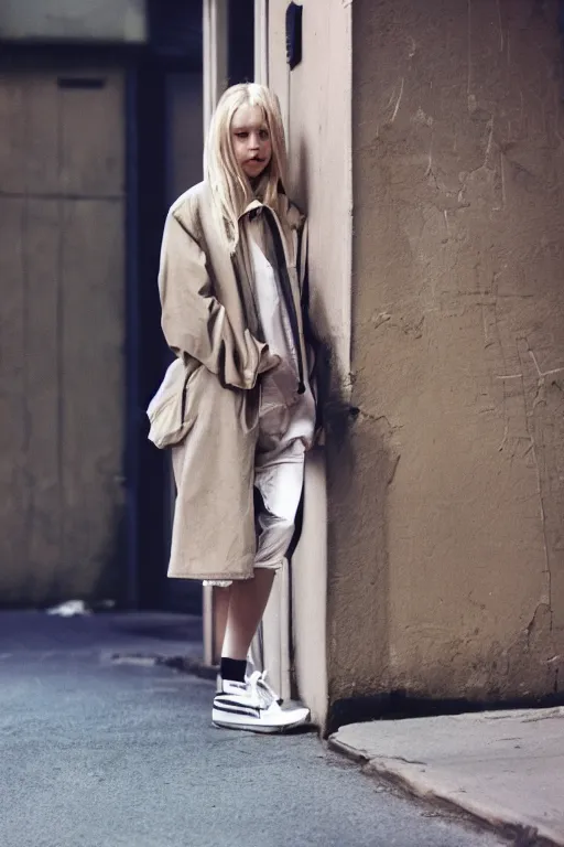 Image similar to high quality realistic street photo of girl, blond hair, clothes in the style of 1 9 9 0, sneakers, lowered socks, loose coat ; kodak ektar, 2 0 0 iso, 3 5 mm lens, bill henson style beautiful chiaroscuro lighting, beautiful colour palette, beautiful and realistic, wide shot