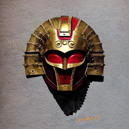 Prompt: “portrait of a spartan warrior helmet battle damaged gold with red crest on top dark night artwork detailed intricate worn out metal”